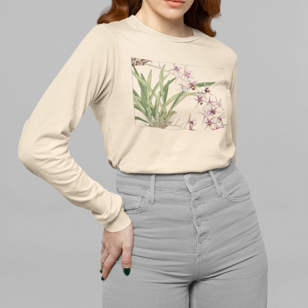 Japanese Boat Orchid VTG Ukyio-e Print Long Sleeve Graphic Tee T-shirt S M L XL